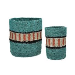 Pomax Paniers A Pain, Couverts Et Serviettes | Fiesta - Set/2 Paniers - Jonc De Mer - Dia 9/15 X H 15/18 Cm - Aqua