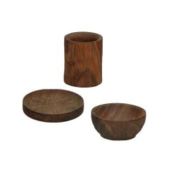 Pomax Accessoires | Kerf - Set/3 Coquetier & Sous-Assiette & Bol D'Epices Mini - Bois D'Acacia - - Dia 5/9/5,5 X H 6/0,7/2,5 Cm - Rouille