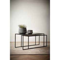 Pomax Tables Basses | Eszential - Set/2 Tables Basses - Metal / Bois De Sapin - L 80/75 X W 40/35 X H 40/35 Cm - Noir