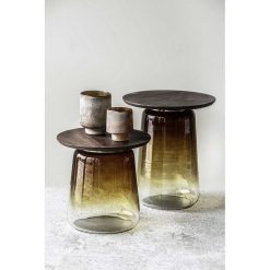 Pomax Tables Basses | Monroe - Table D'Appoint - Verre / Bois De Manguier - Dia 46 X H 42 Cm - Ambre