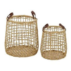 Pomax Bols & Paniers | Lio - Set/2 Paniers - Jacinthe D'Eau / Cuir - Dia 35/45 X H 37/47 Cm - Naturel