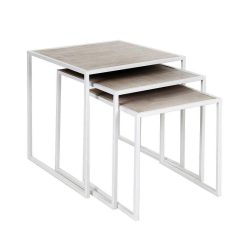 Pomax Tables Basses | Eszential - Set/3 Tables D'Appoint - Metal / Bois De Sapin - L 45/40/35 X W 45/40/35 X H 45/40/35 Cm - Naturel/Blanc