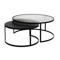 Pomax Tables Basses | Claudia - Set/2 Tables Basses - Metal / Verre - Dia 60/80 X H 30/35 Cm - Noir