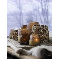 Pomax Photophores / T-Lights | Woodstock - Photophore - Verre / Ecorce De Bois - Dia 15 X H 16 Cm - Brun