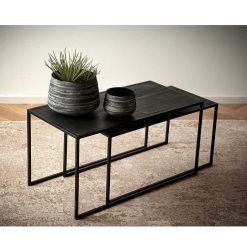 Pomax Tables Basses | Eszential - Set/2 Tables Basses - Metal / Bois De Sapin - L 80/75 X W 40/35 X H 40/35 Cm - Noir